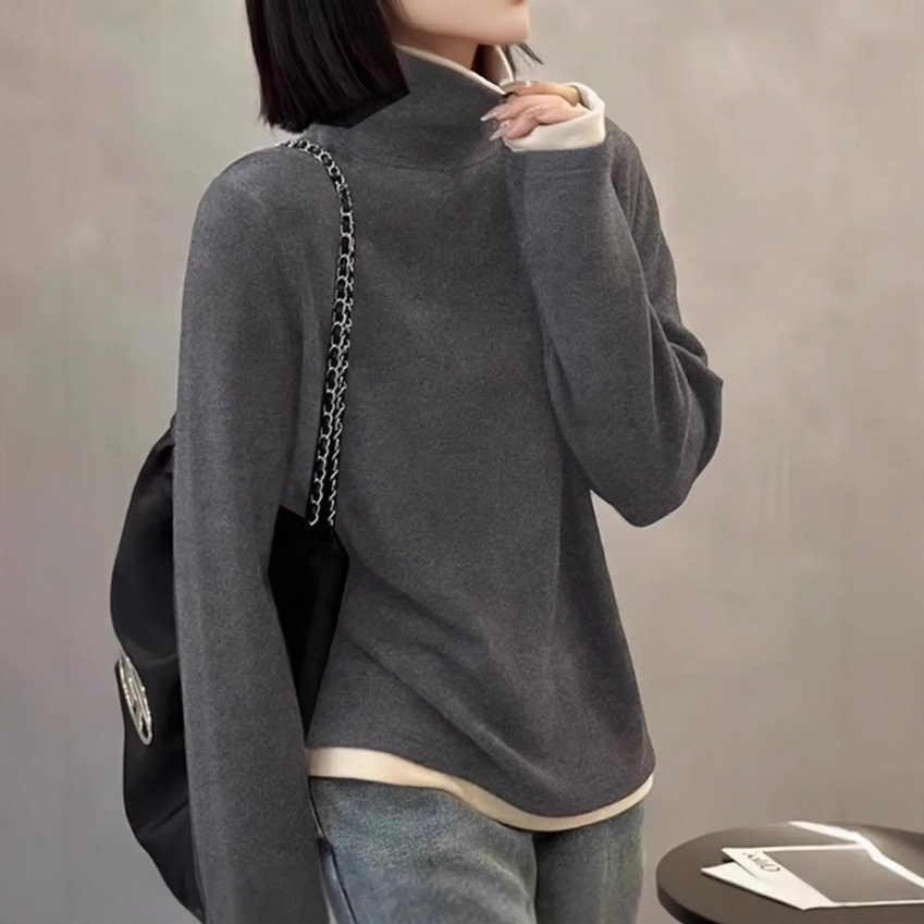Women's long-sleeve shirt with stand-up collar and fake-layer look