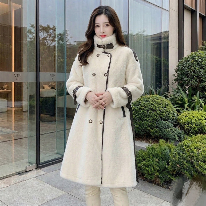 Long women's sheepskin coat with belt