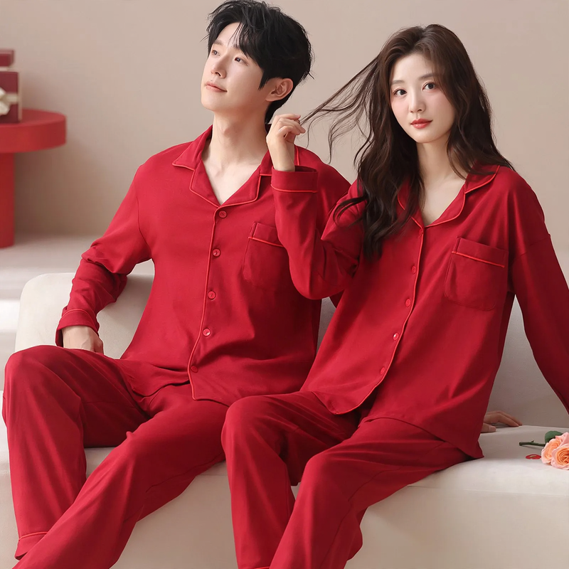 Cotton pajama set for couples with lapel collar