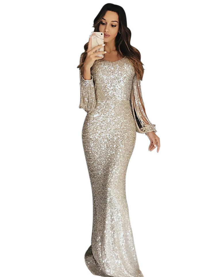 Elegant sequin evening dress for women with a flattering cut and long sleeves Lune London