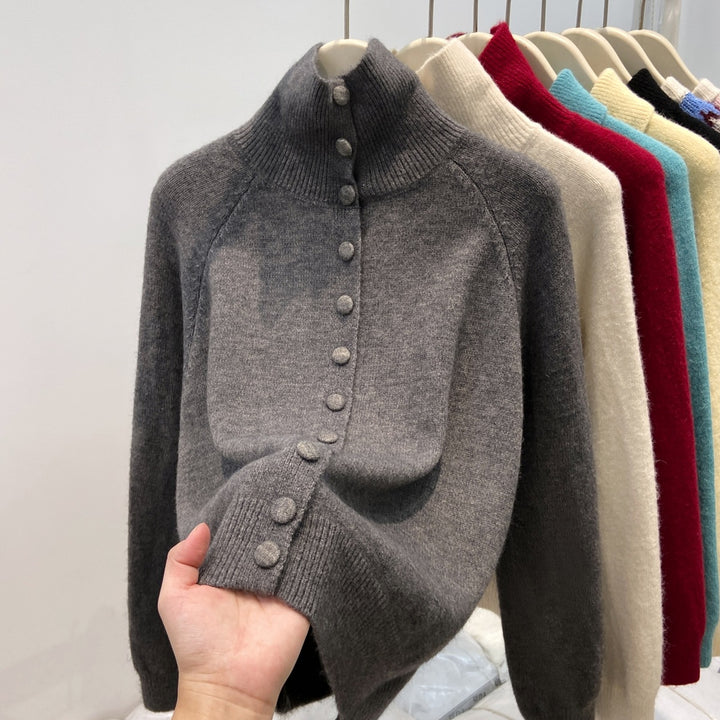 Ladies' cardigan with standing collar and button placket