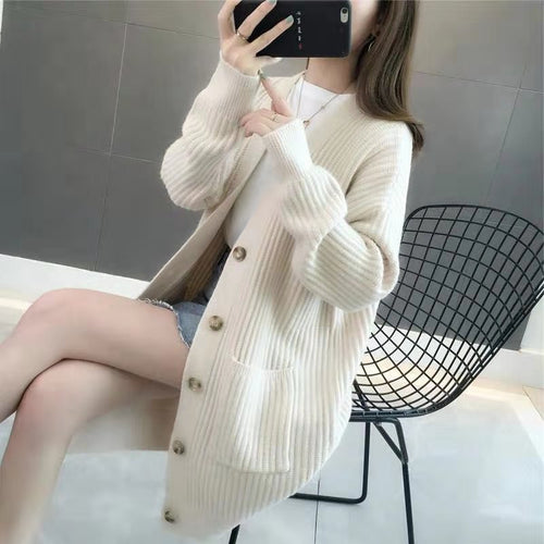 Ladies Chunky Knit Cardigan with Deep V-neck and Chic Button Details