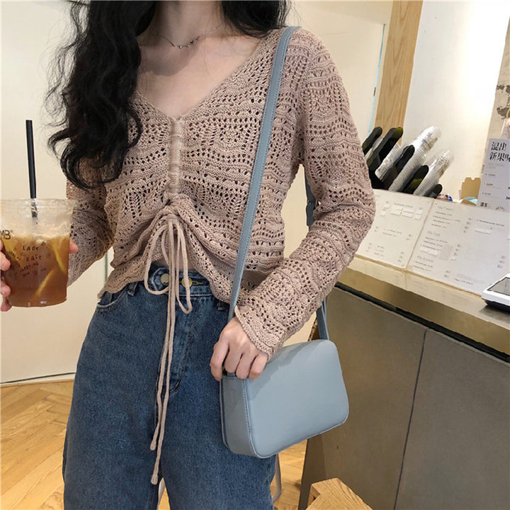 Women knit top with trendy lace pattern and adjustable drawstring Lune London