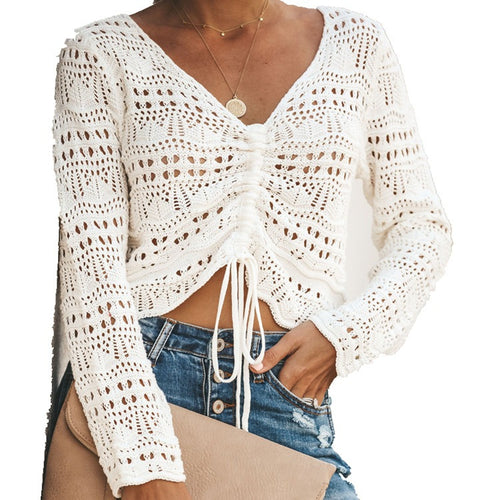 Women knit top with trendy lace pattern and adjustable drawstring Amarae