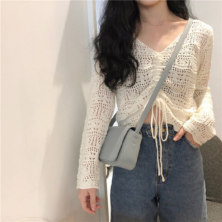 Women knit top with trendy lace pattern and adjustable drawstring Lune London