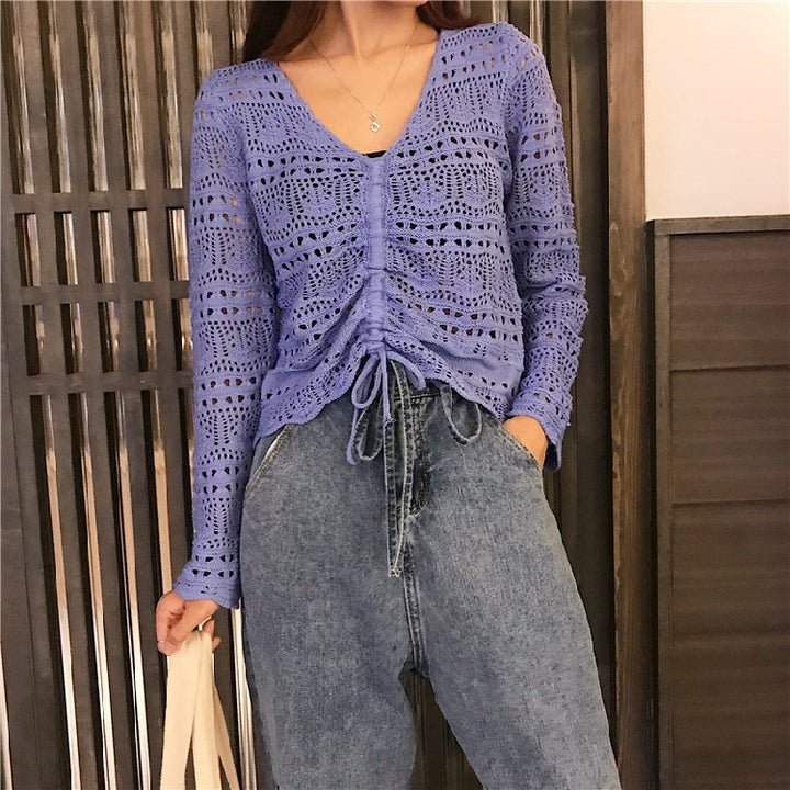 Women knit top with trendy lace pattern and adjustable drawstring Lune London