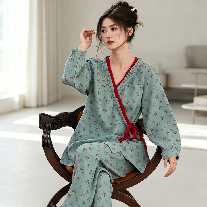 Women's Pajama Set in Kimono Style with Floral Pattern