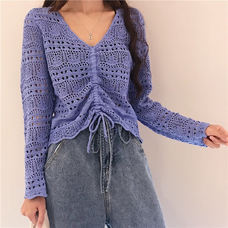 Women knit top with trendy lace pattern and adjustable drawstring Lune London