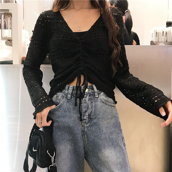 Women knit top with trendy lace pattern and adjustable drawstring Lune London
