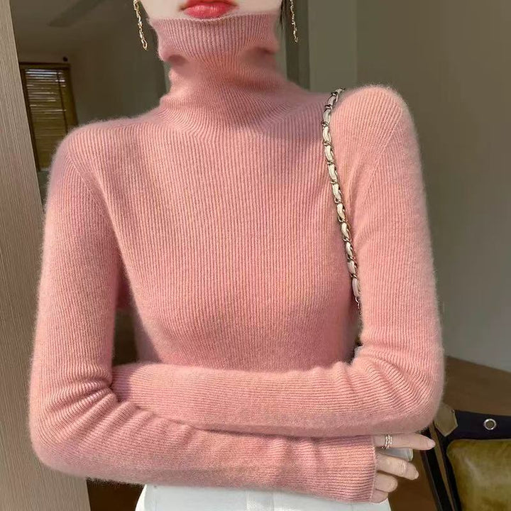 Women's Wool Knit Sweater, Stand-Up Collar, Slim Fit