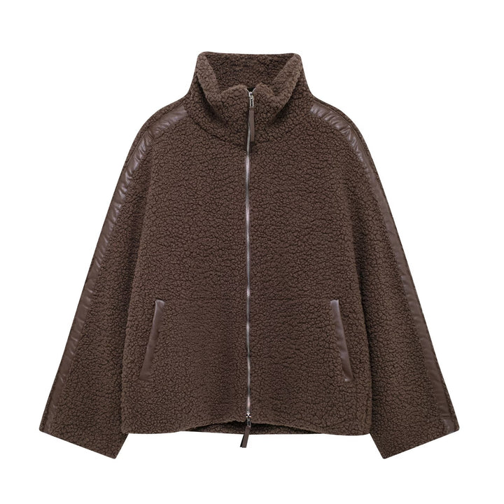 Ladies Teddy Fleece Jacket, Stand Collar, Zipper, Oversized