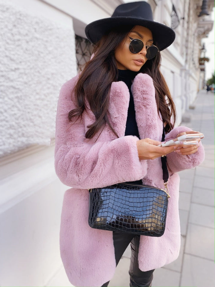 Long faux fur coat with lapel collar