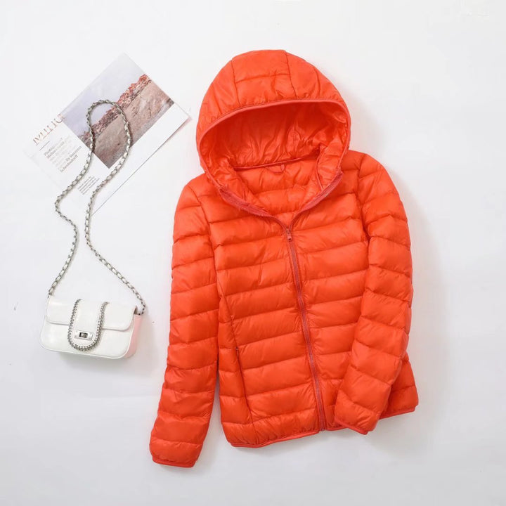 Light women's down jacket with hood, slim fit
