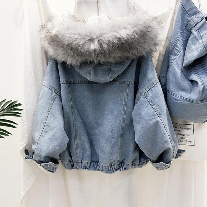 Padded denim jacket with large fur collar