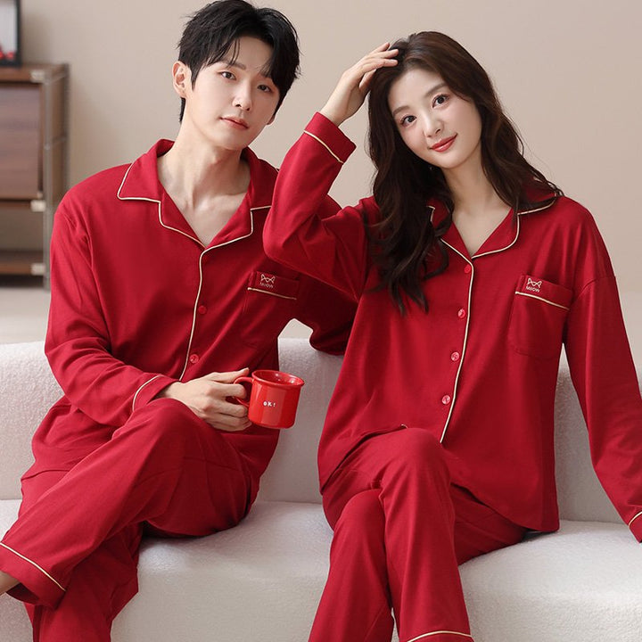 Cotton pajama set for couples with lapel collar