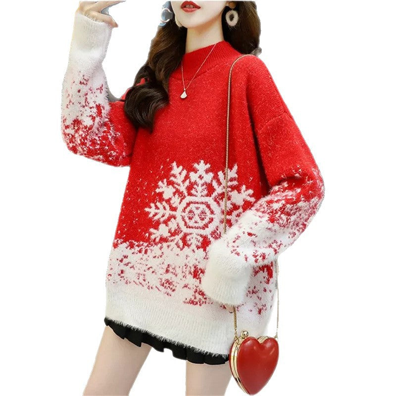 Knit sweater with stand-up collar, snowflake pattern