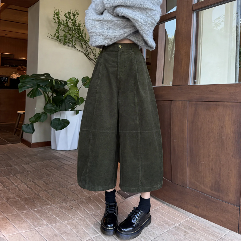 Women's corduroy pants, high-waisted, balloon cut