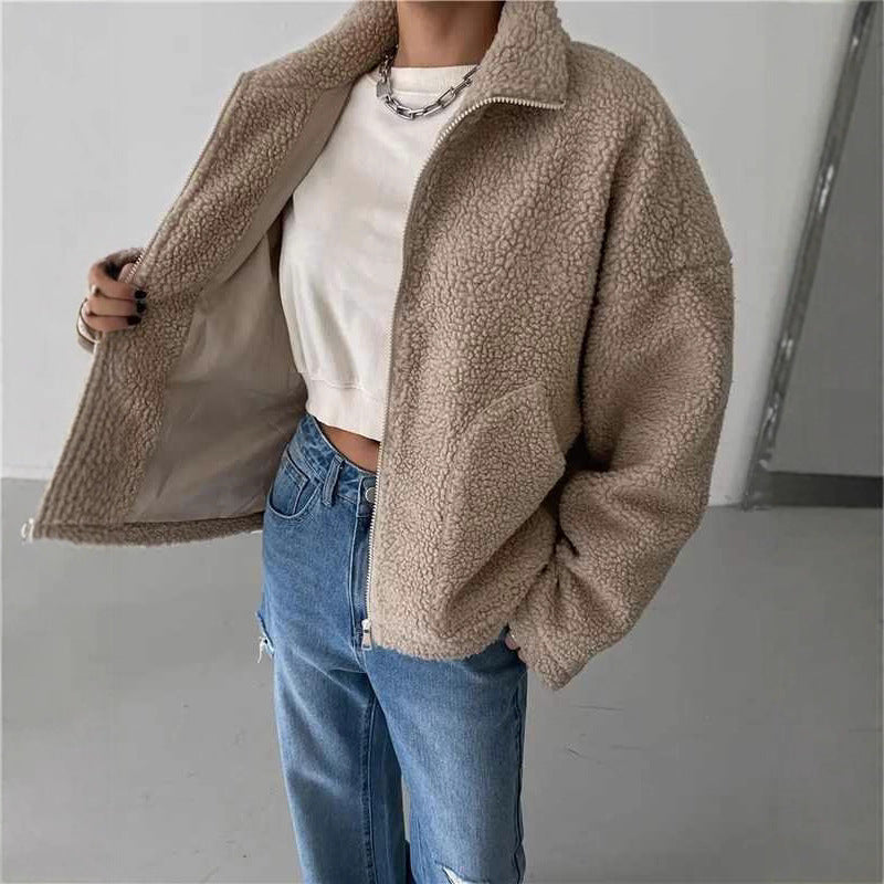 Women's fleece jacket with stand-up collar and zipper