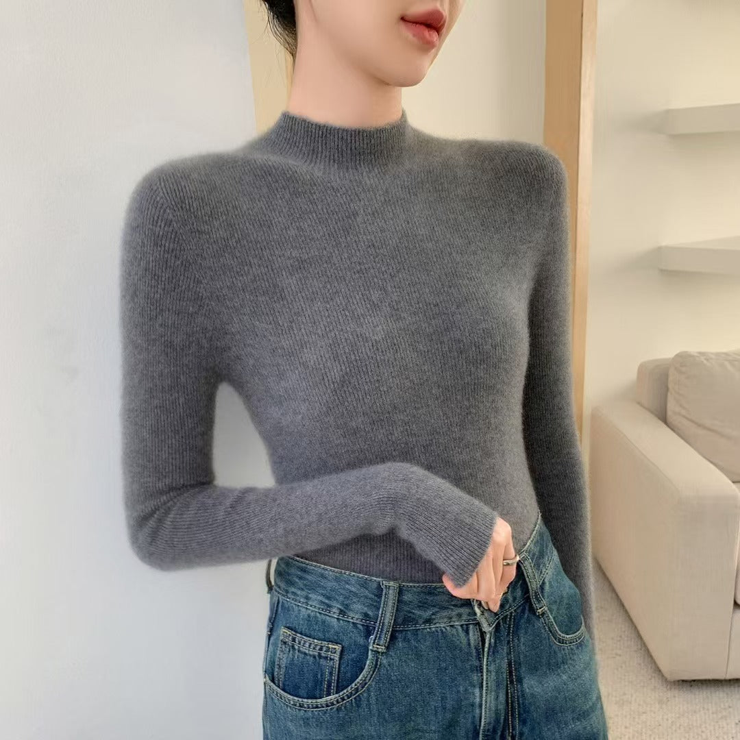 Women's cashmere sweater, stand-up collar, slim fit
