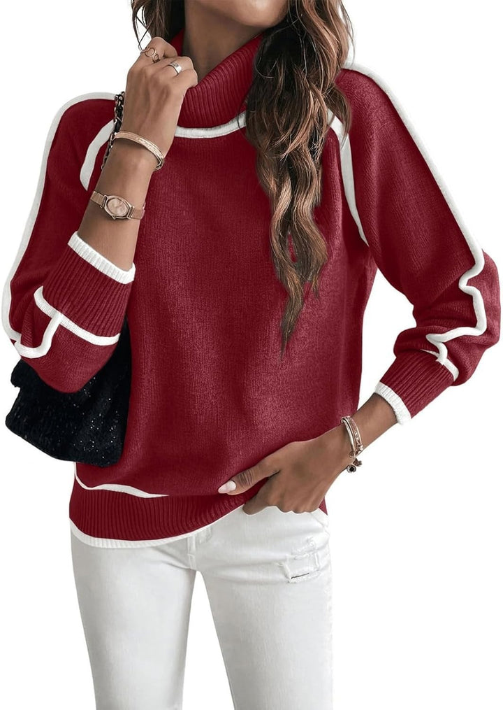 Women's knit pullover with stand-up collar and contrast details