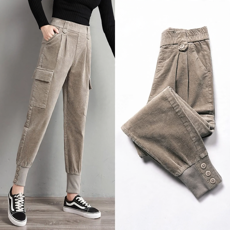 Women's corduroy pants, wide cut, carrot shape