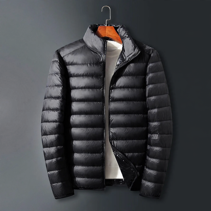 Light men's down jacket with hood, white duck down lining
