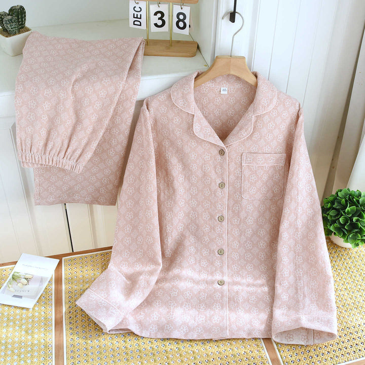 Women's Pajama Set made of Cotton, Long Sleeve, with Jacquard Pattern