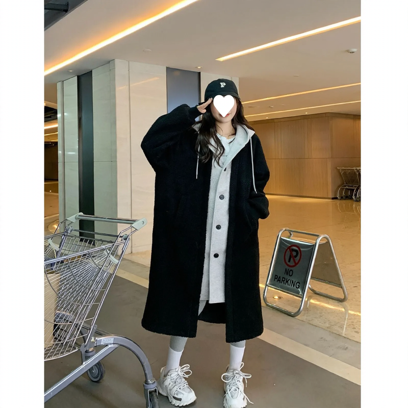 Lamb fleece hooded coat for women, long, loose fit