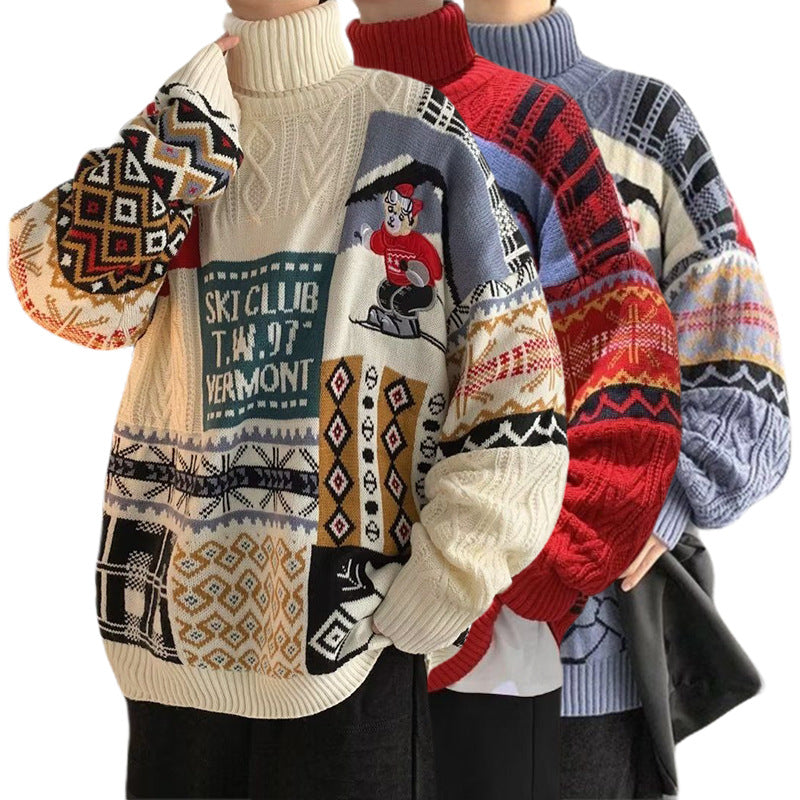 Men's knitted sweater with bear embroidery and stand-up collar