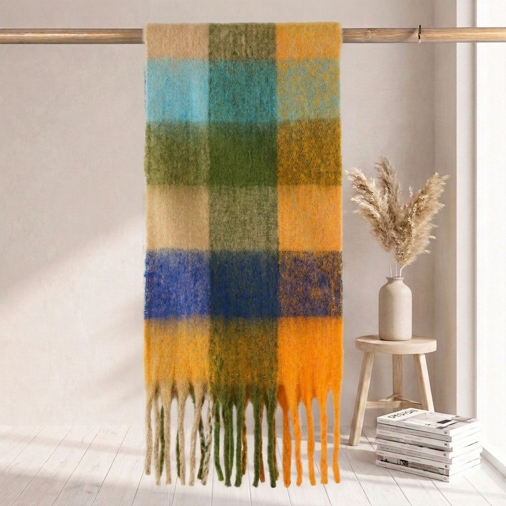 Checkered scarf in mohair look, warm for autumn and winter