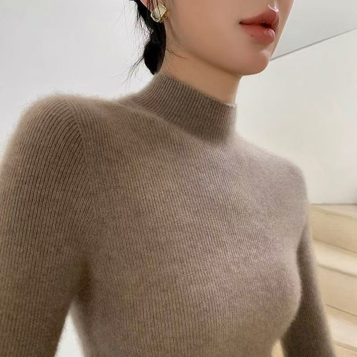 Women's Wool Knit Sweater, Stand-Up Collar, Slim Fit
