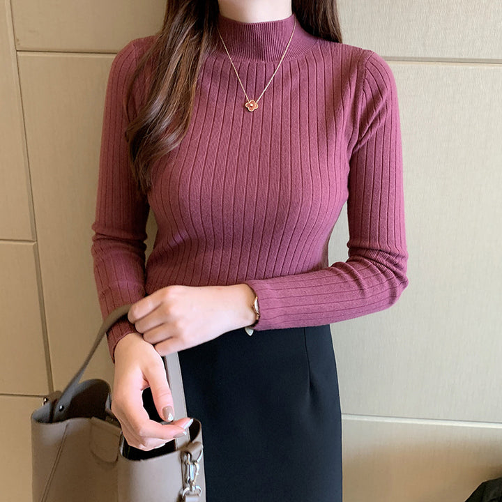 Women's knit sweater with stand-up collar, thin