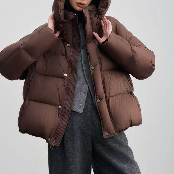 Short women's down jacket with duck down filling