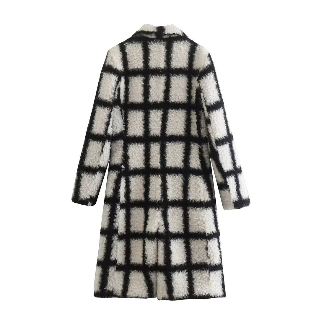Teddy coat, checked, lapel collar, women's