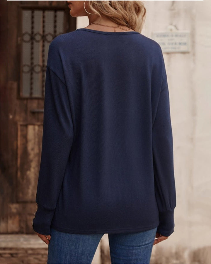 Lune London | Solid Long Sleeve Top with Button and V Neck
