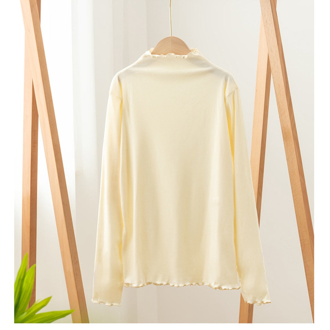 Ladies' Long Sleeve Shirt with Stand Collar and Ruffle Edge