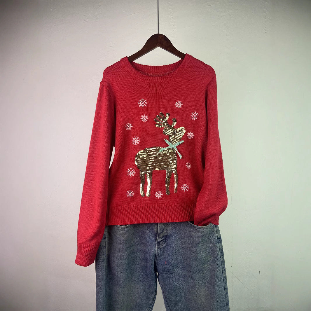 Women's Christmas sweater with reindeer embroidery and sequins