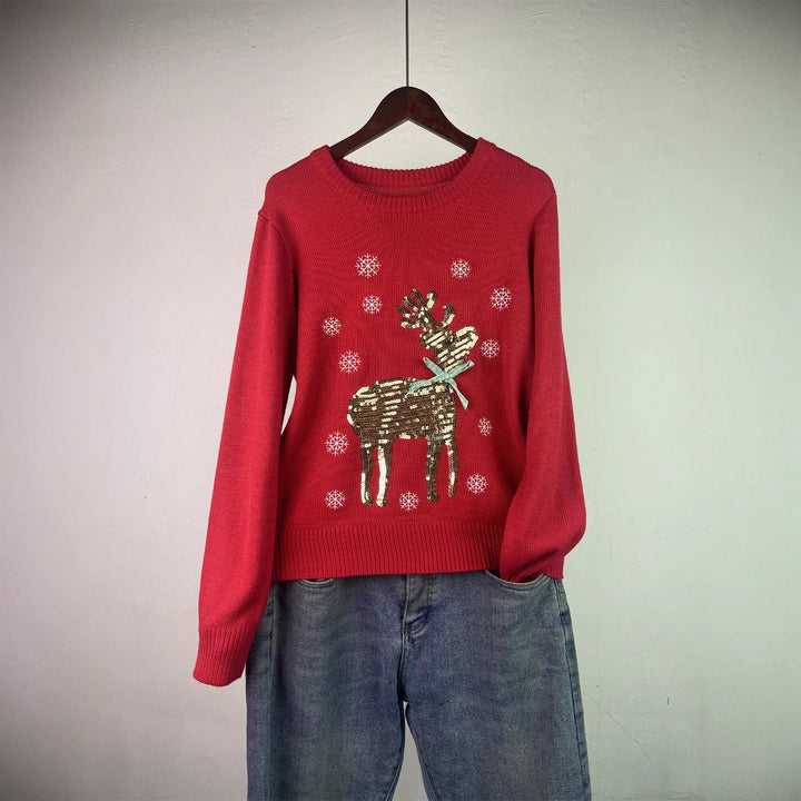 Women's Christmas sweater with reindeer embroidery and sequins