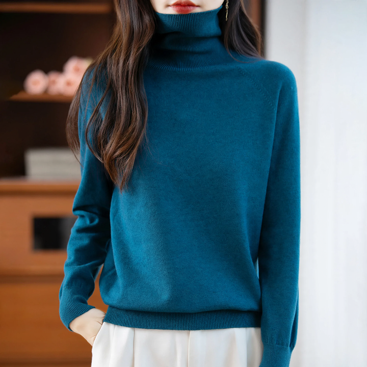 Ladies knit sweater with high collar, loose