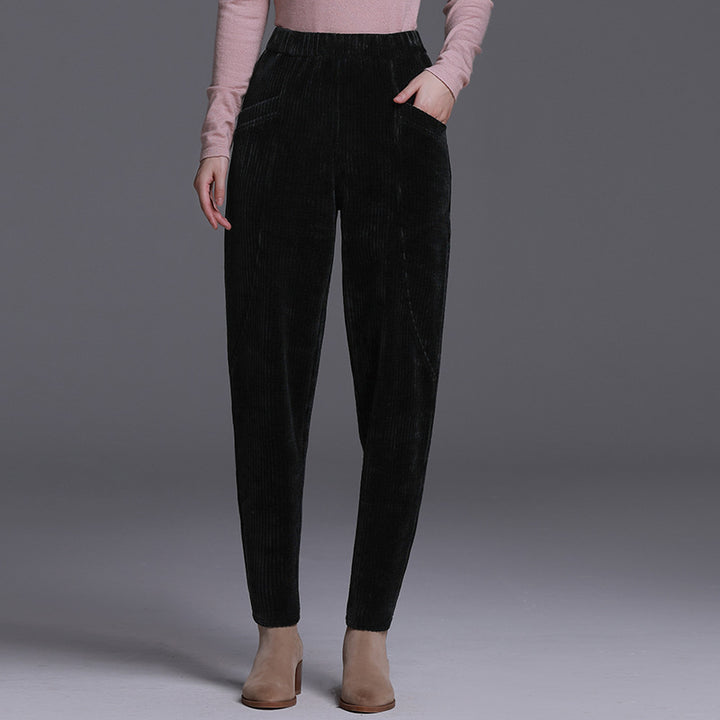 Women’s corduroy trousers, padded, high waist, carrot cut