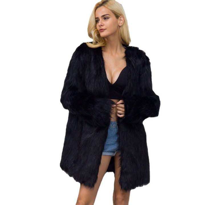 Women's faux fur coat, mid-length, V-neck, lined