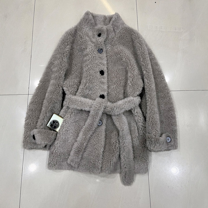 Sheepskin coat with tie belt