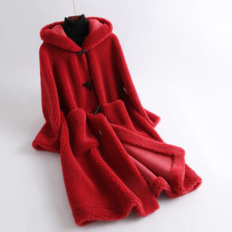Women's sheepskin coat with hood, mid-length