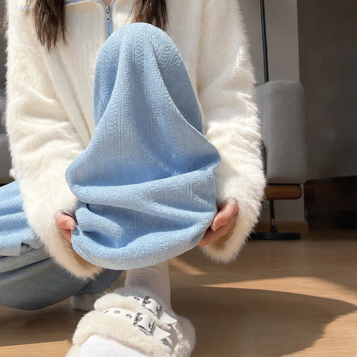 Padded chenille wide pants for women, straight cut