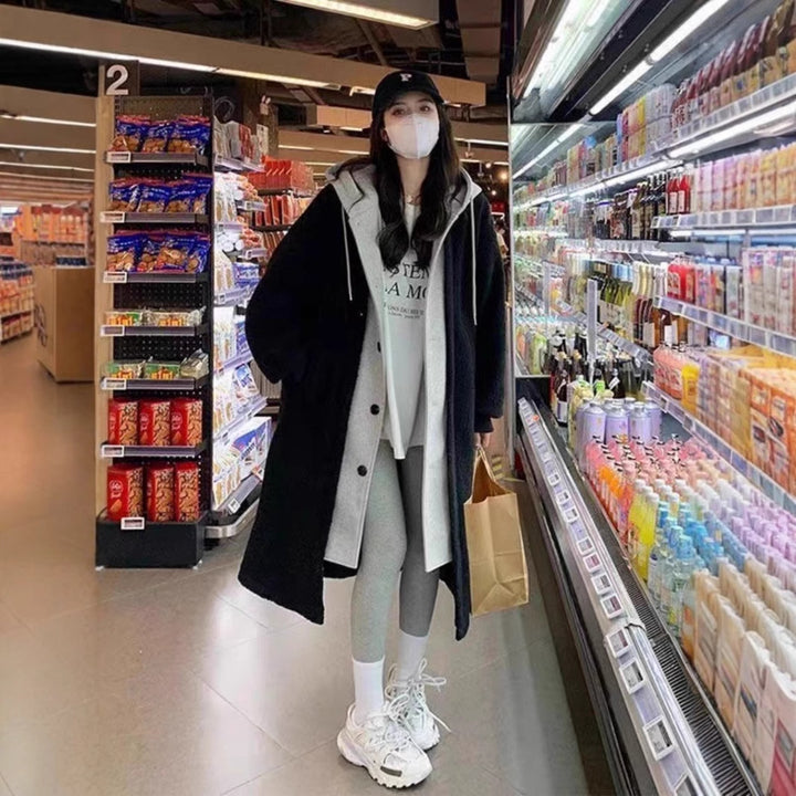 Lamb fleece imitation coat with hood, mid-length, padded