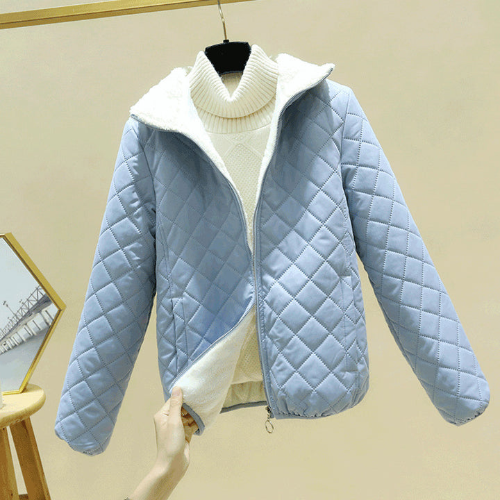 Light women's padded jacket with lambskin look and stand-up collar