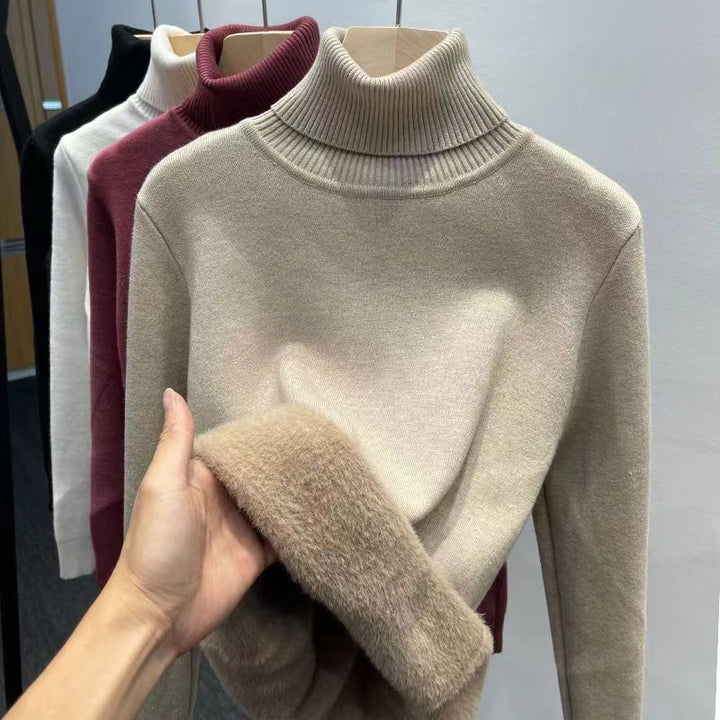 Men's knit sweater with fleece lining and stand-up collar
