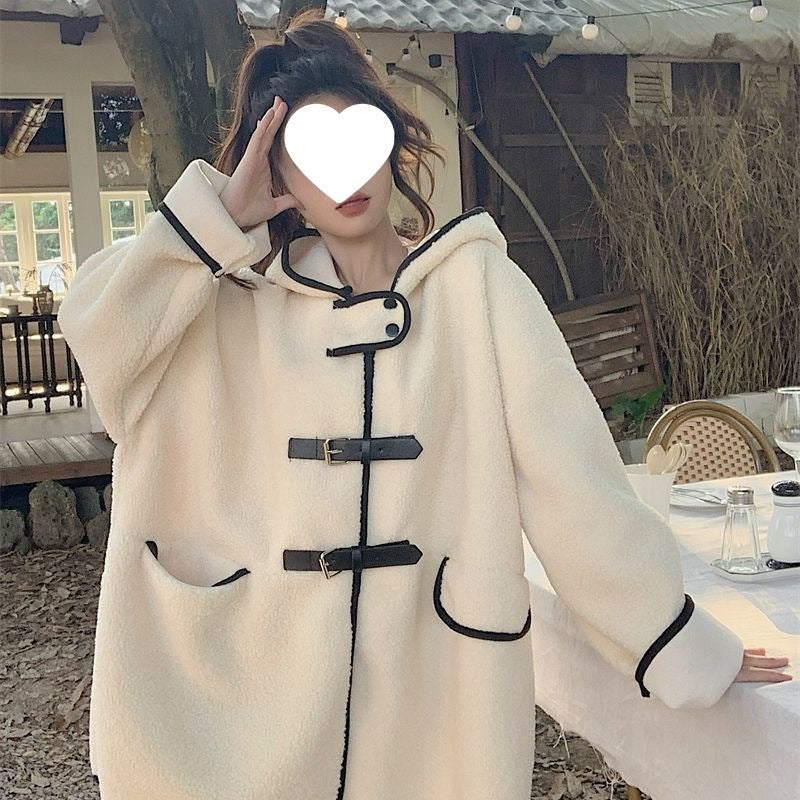 Lammfleece imitation coat with hood, mid-length