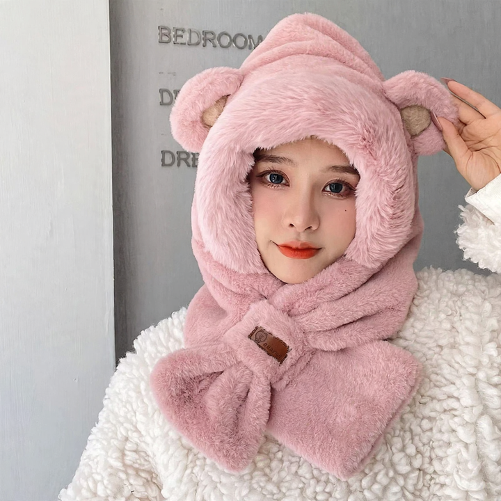 Fluffy set consisting of hat with fox ears and scarf