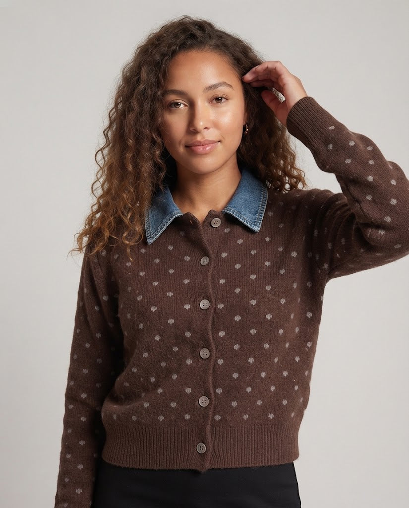 Women's Polka Dot Cardigan with Denim Collar and Button Placket Amarae